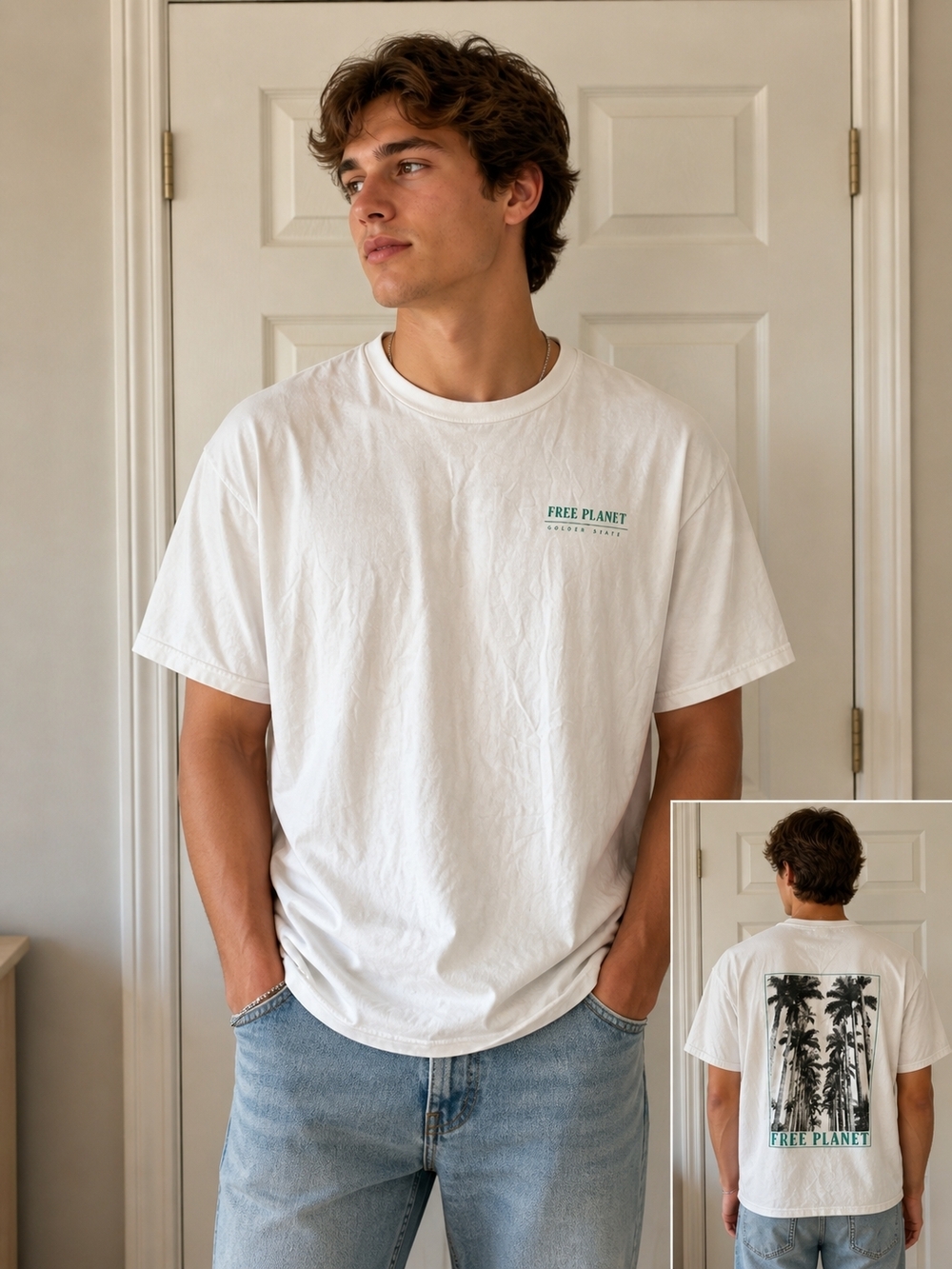 Free Planet White Short-Sleeve Tee with Green Palm Logo